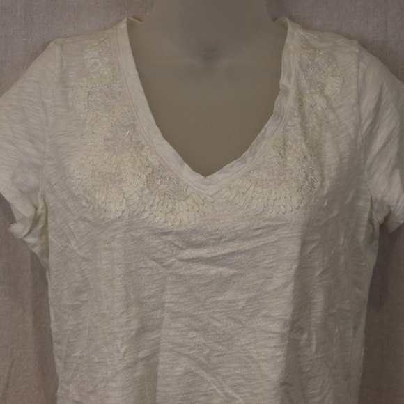 Talbots White Beaded Collar V Neck Cotton Embroidered TShirt Top L - Picture 3 of 12